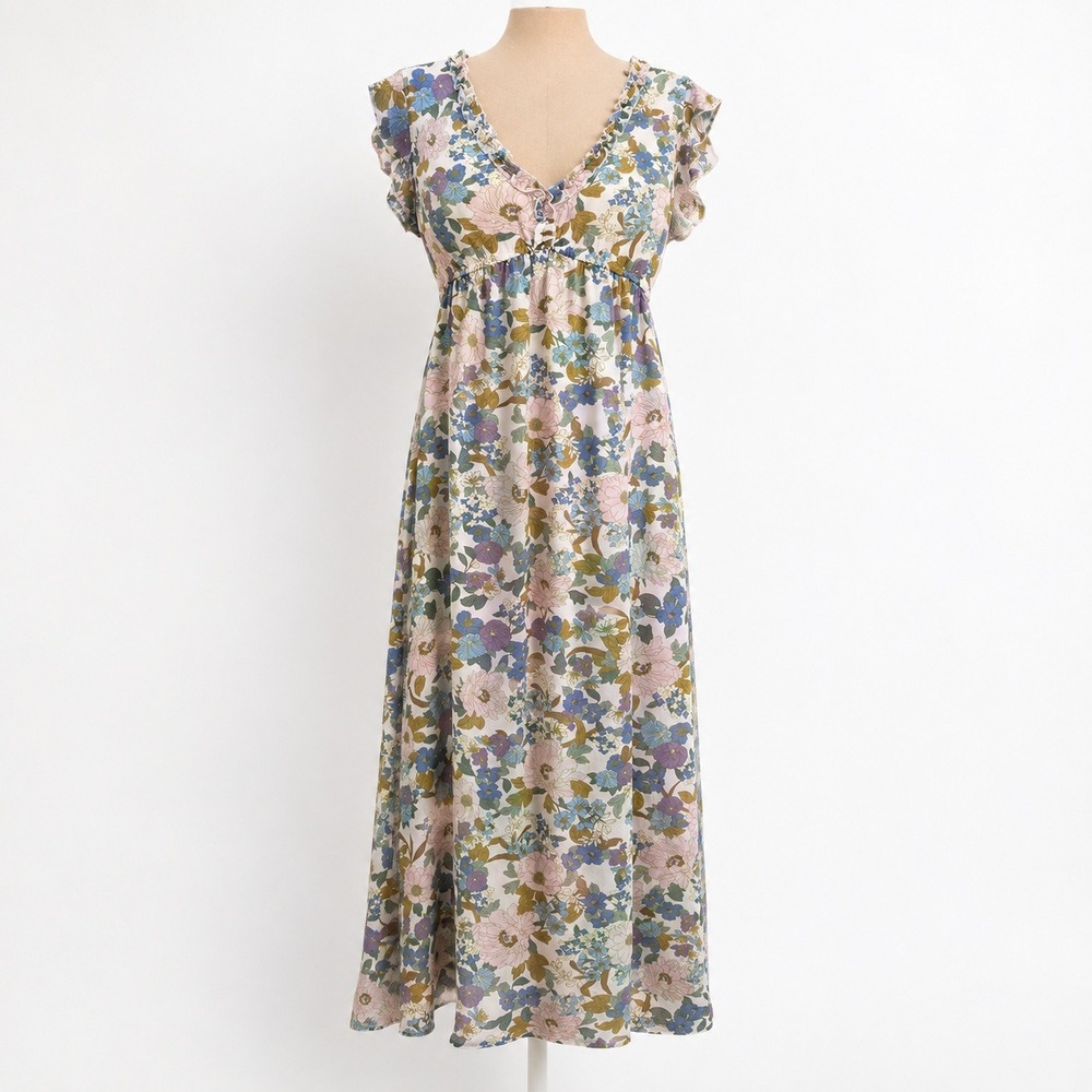 Floral Ruffle Babydoll Peasant Maxi Dress Size S Green Romantic Fairy Ethereal